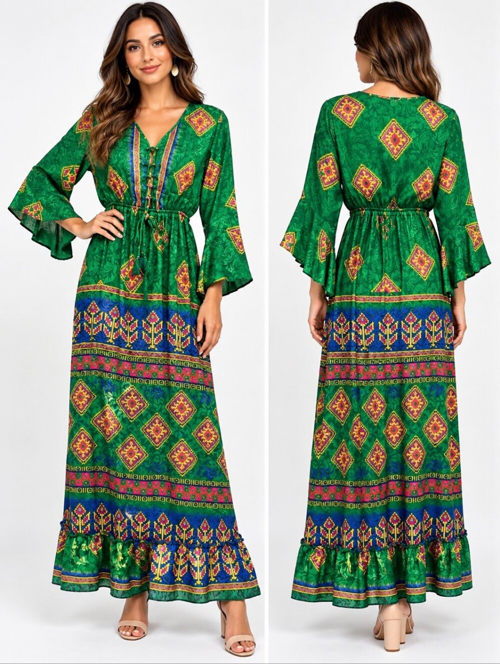 MT Collection Maxi silk dress size Green Bohemian Maxi Dress with Tassel Tie